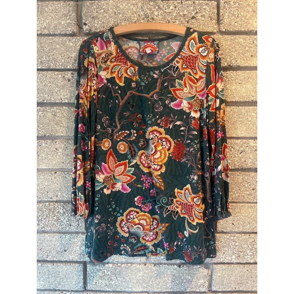 Johnny Was Floral Print Long Sleeve Top S Green Multicolor Boho Style Lightweigh